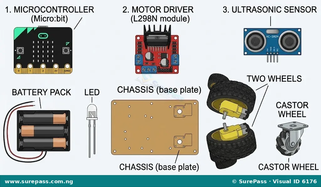 Diagram showing individual components of an obstacle-avoidance robot.