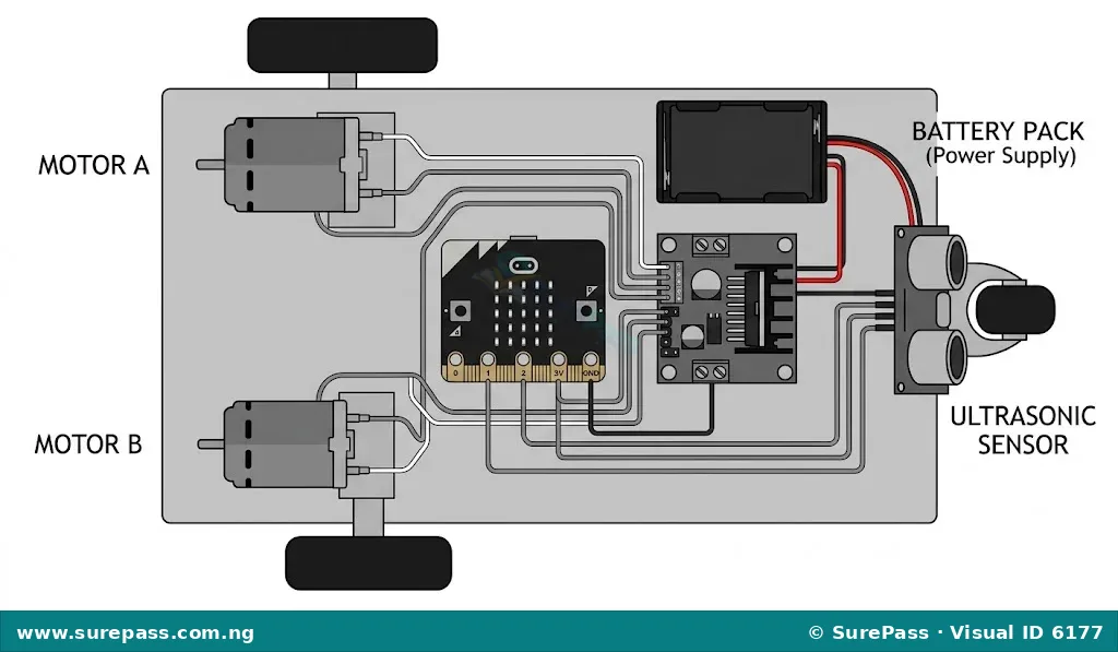 Wiring diagram of a two-wheel differential drive robot showing connections between microcontroller, motor driver, motors, sensor, and power supply.
