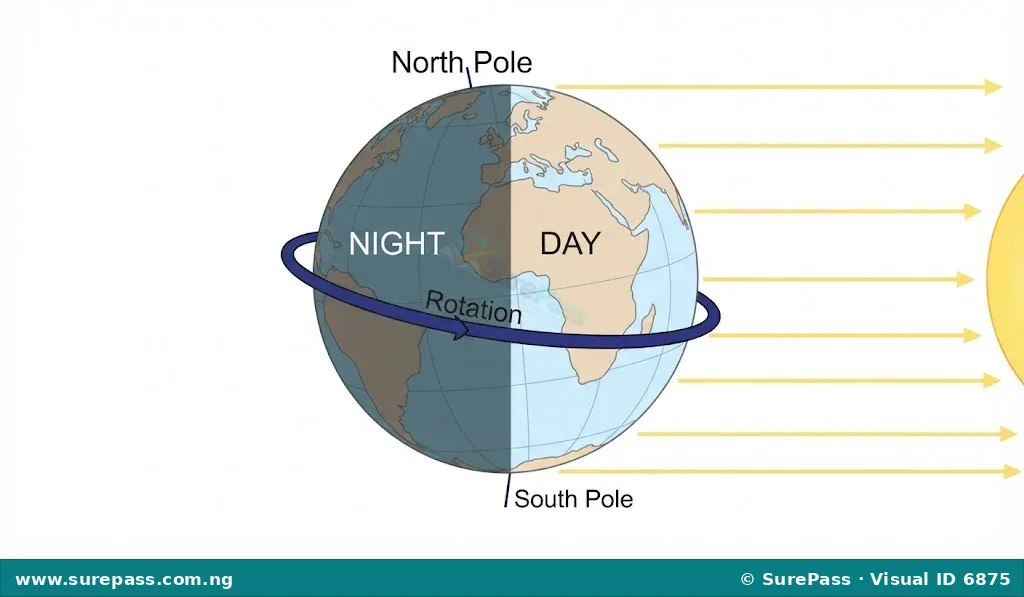 Diagram illustrating day and night on Earth, with sunlight illuminating one side and the other side in darkness due to Earth's rotation.