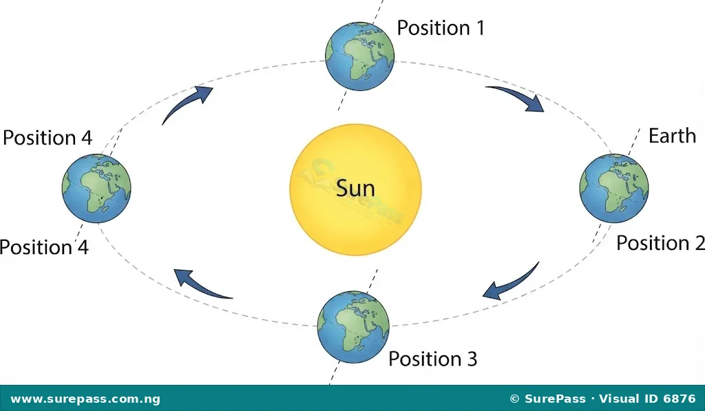 Diagram illustrating Earth's revolution around the Sun in an elliptical orbit, with the Earth's axis tilted.