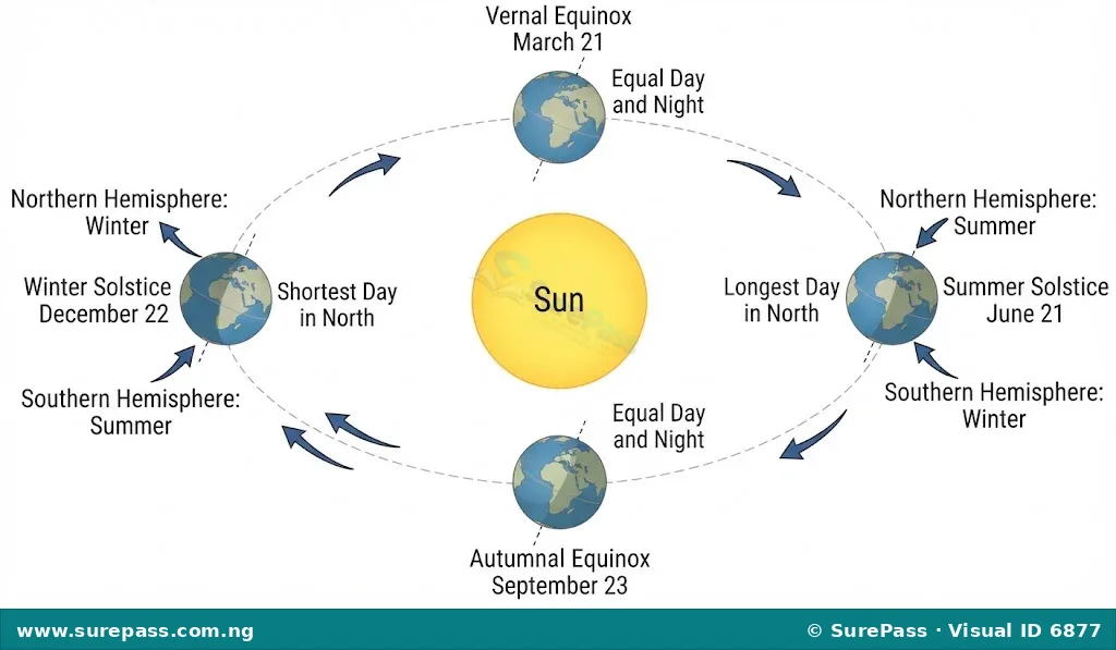 Diagram illustrating Earth's revolution and axial tilt causing seasons, showing positions for summer solstice, winter solstice, vernal equinox, and autumnal equinox.