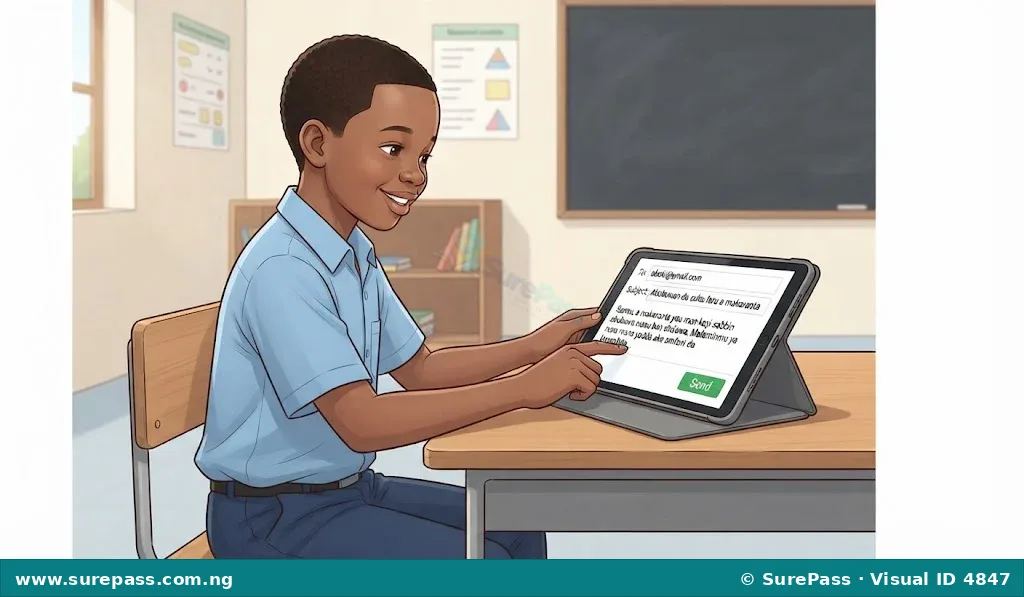 A pupil using a tablet to send an email in Hausa.