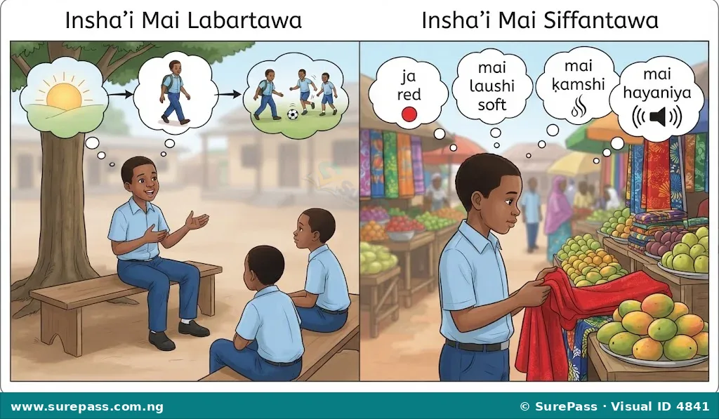 An illustration comparing narrative and descriptive essays. Narrative shows a story sequence, descriptive shows sensory details.