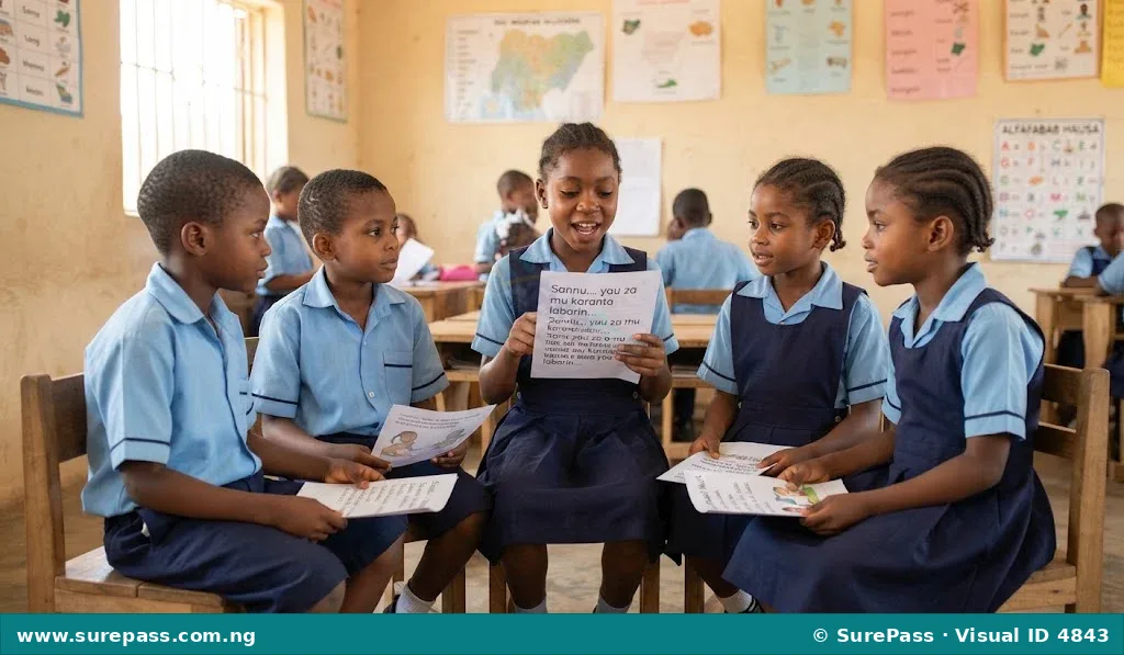 Primary 4 children in a classroom reading a Hausa story aloud in a group.