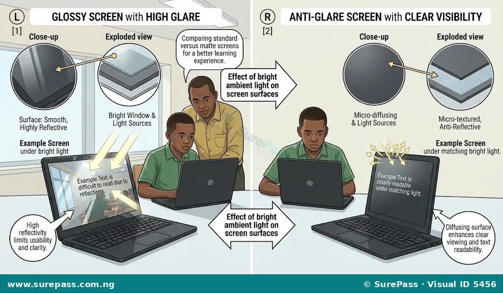 A comparison showing a glossy screen with high glare versus an anti-glare screen with clear visibility.