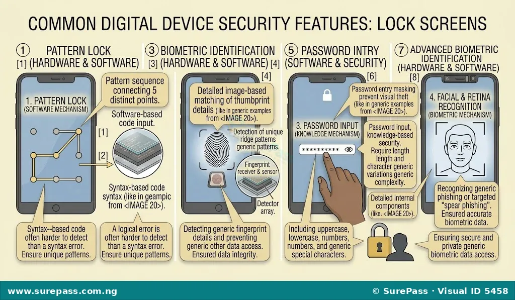 Four smartphone screens showing pattern lock, fingerprint scan, password entry, and retina scan.