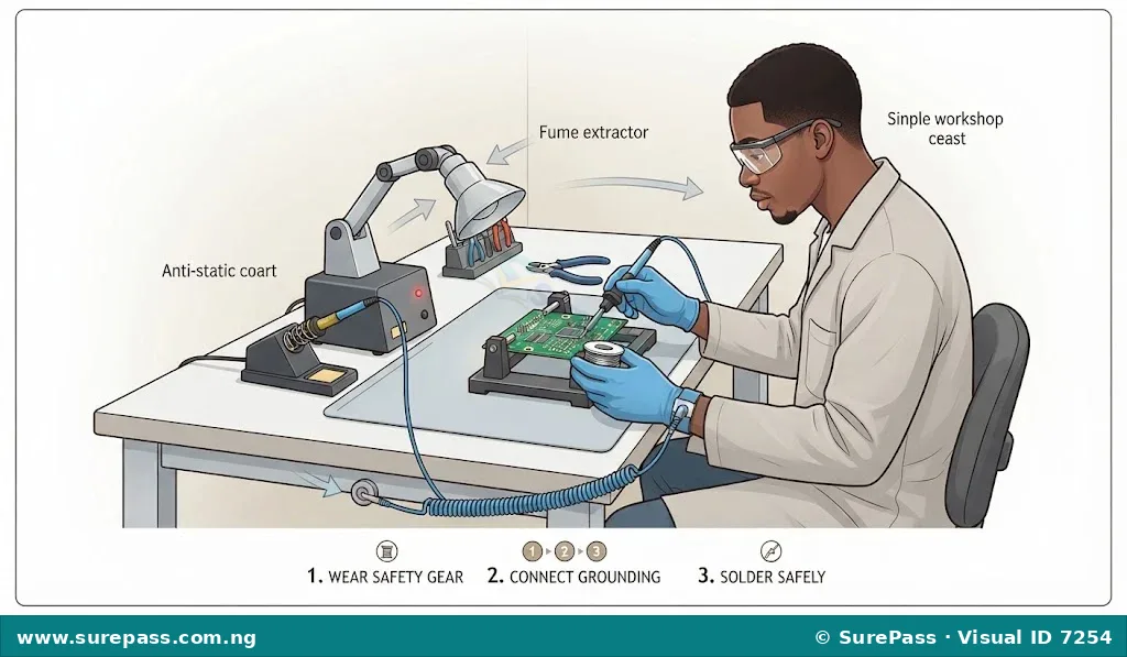 A technician safely soldering a circuit board at an organized workstation.