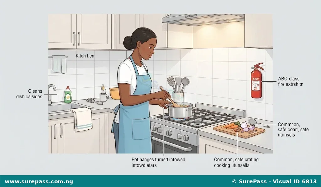 A person cooking safely in a clean kitchen with good lighting and a fire extinguisher nearby.