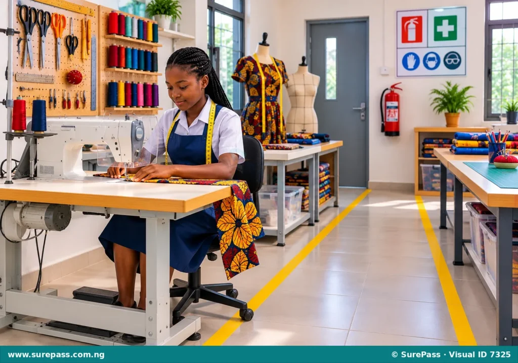 A safe and organized garment workshop showing correct posture, clear walkways, and safety equipment.