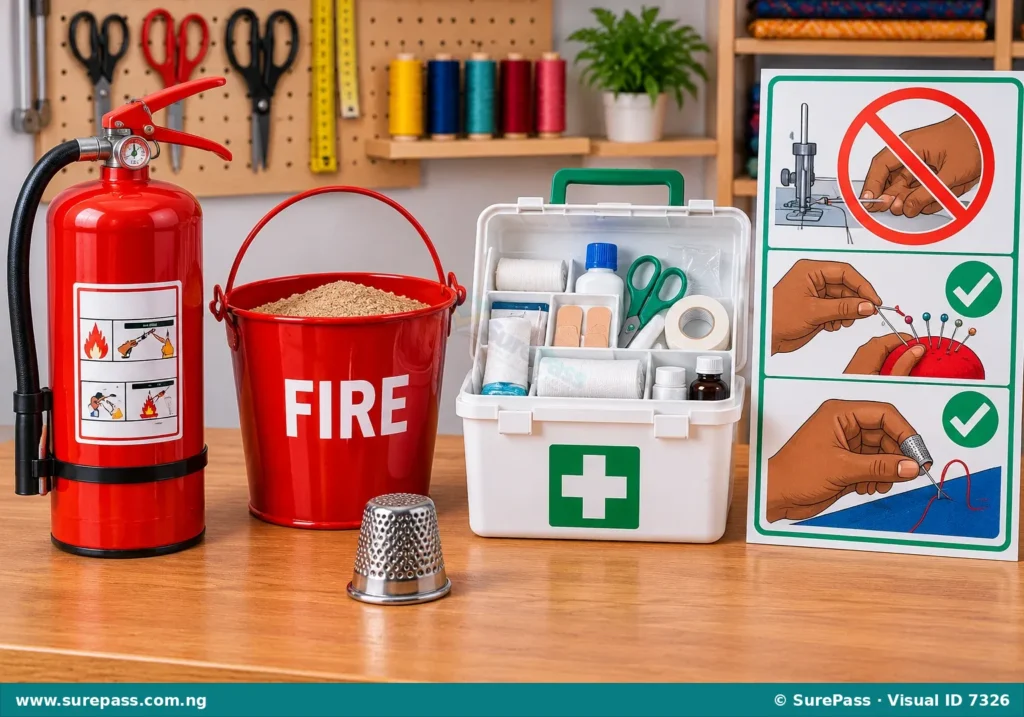 Essential safety tools and equipment used in a garment workshop.