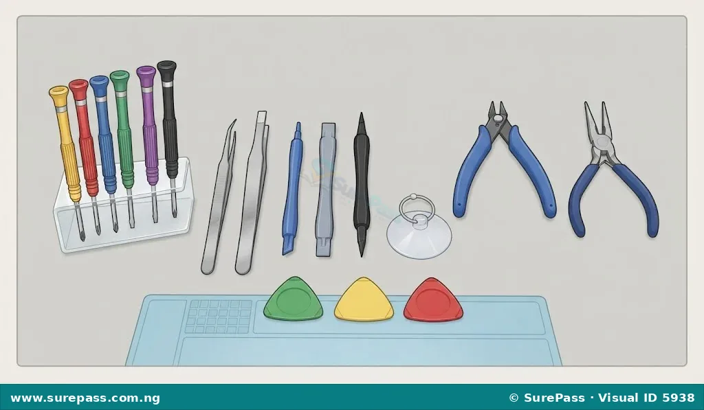 Various small tools for mobile phone repair, including screwdrivers, spudgers, and tweezers, laid out on a workbench.