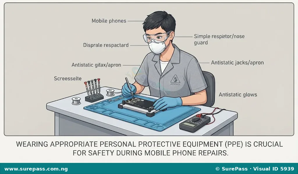 A person wearing an antistatic jacket, gloves, safety goggles, and a respirator while working on a mobile phone.