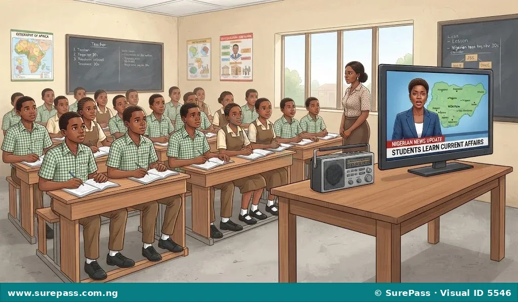 JSS1 students in a classroom listening to a radio and watching a television news broadcast.