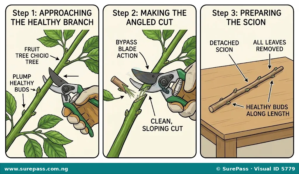 A sequence showing a plant branch being cut with secateurs, then the detached scion with its leaves removed.