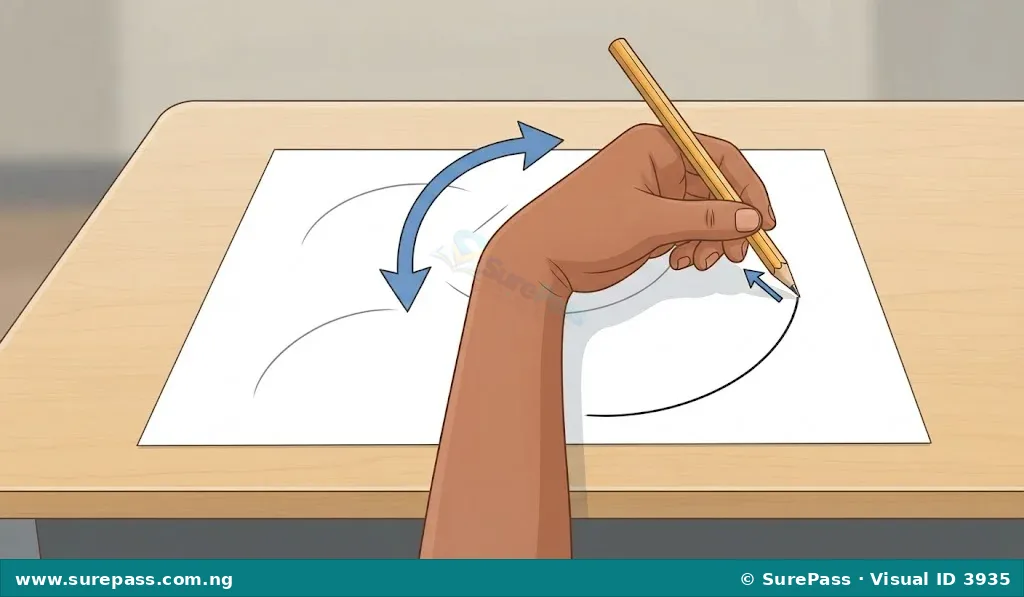 A child's hand moving the wrist to draw a curved line, showing proper wrist movement.
