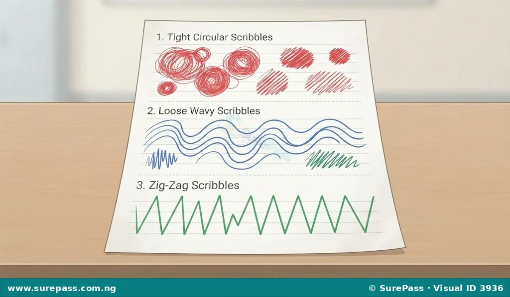 Examples of different types of scribbles, including tight, loose, and zig-zag patterns in various colours.