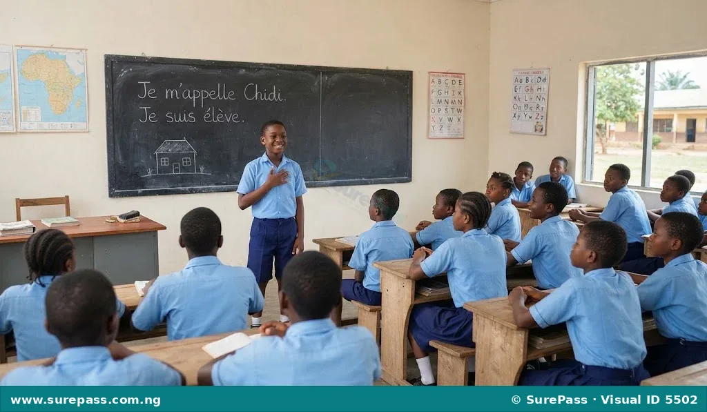 A JSS1 student introducing himself in a Nigerian classroom.
