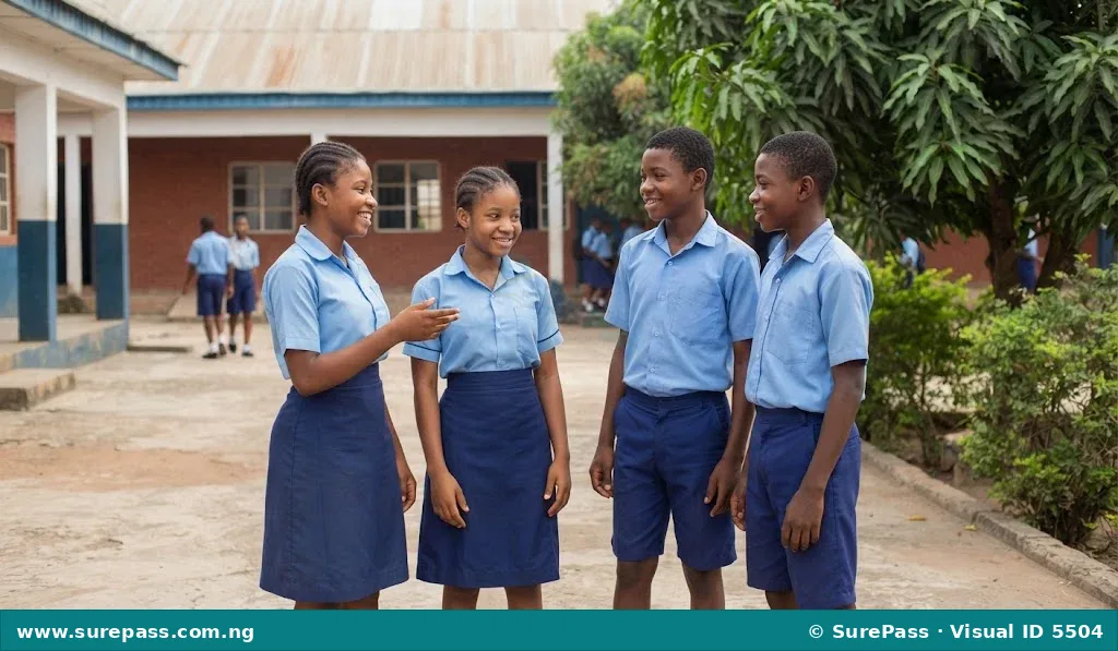 Four Nigerian JSS1 students interacting in a school courtyard.
