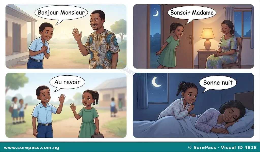 Four scenes showing French greetings - a child saying Bonjour Monsieur in the morning, Bonsoir Madame in the evening, Au revoir when leaving, and Bonne nuit before bed.