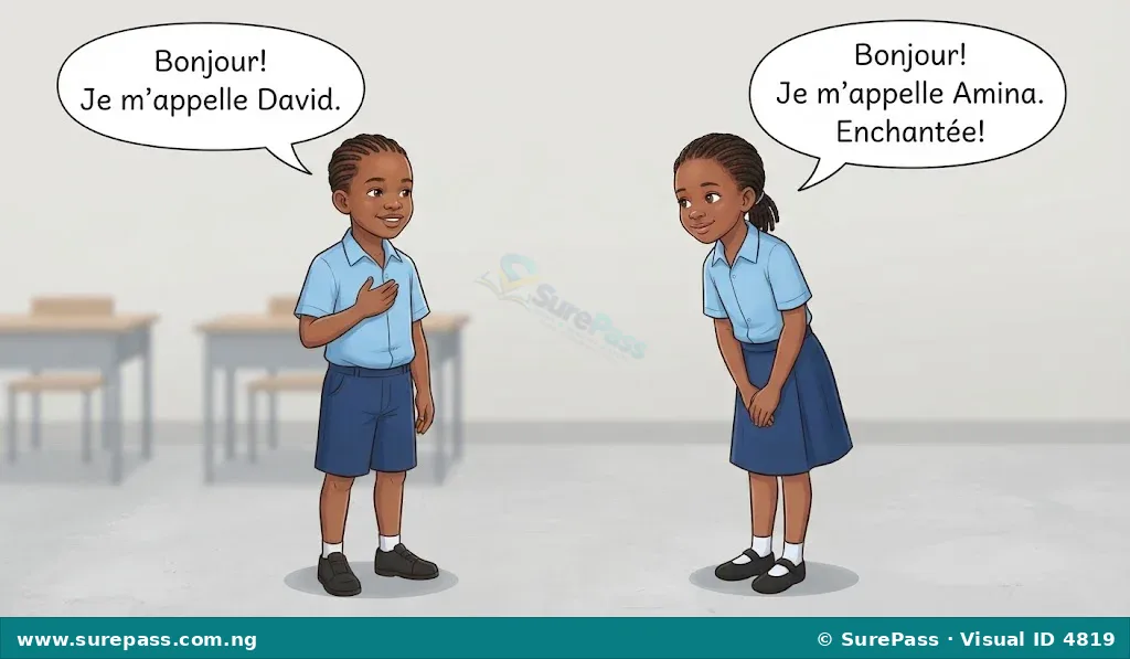Two children introducing themselves. A boy says "Bonjour! Je m'appelle David." and a girl replies "Bonjour! Je m'appelle Amina. Enchantée!".