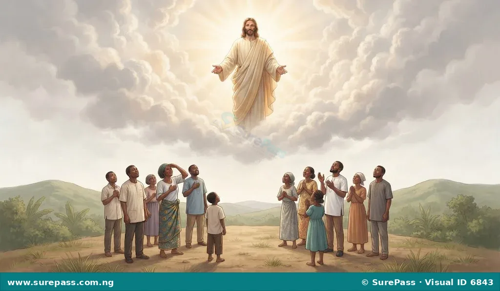 Illustration of Jesus Christ descending from heaven on clouds, surrounded by light, as people on Earth look up in awe.
