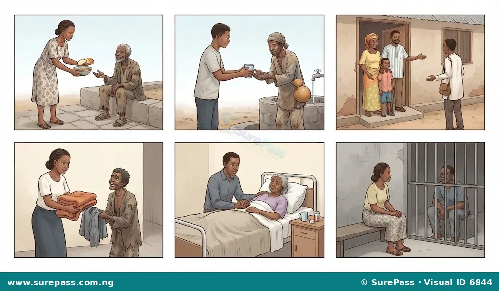 Six panels illustrating acts of kindness: feeding the hungry, giving drink to the thirsty, welcoming strangers, clothing the naked, visiting the sick, and visiting the imprisoned.