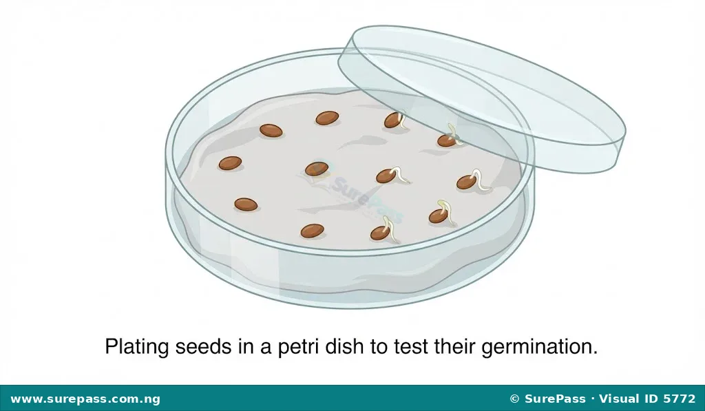 A petri dish with moist paper and seeds, some of which are germinating.