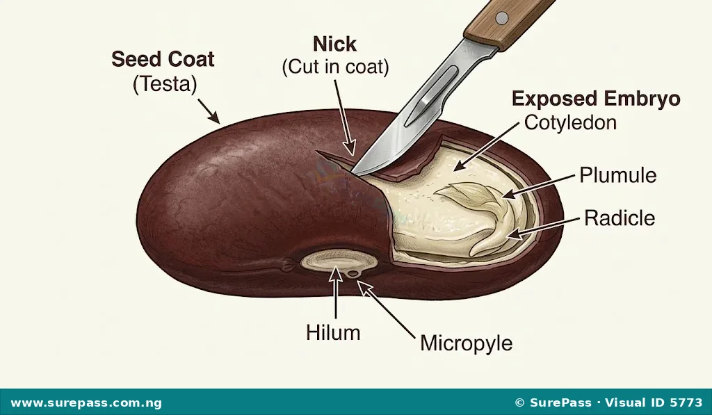 Illustration of a seed with a small cut on its hard coat, made by a knife.