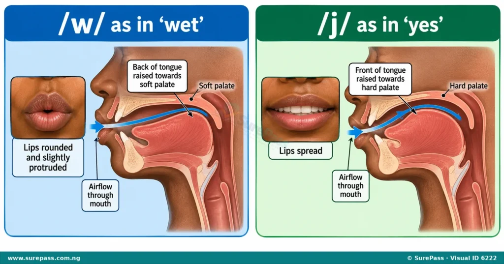 Diagram showing the articulation of /w/ with rounded lips and raised back tongue, and /j/ with spread lips and raised front tongue.