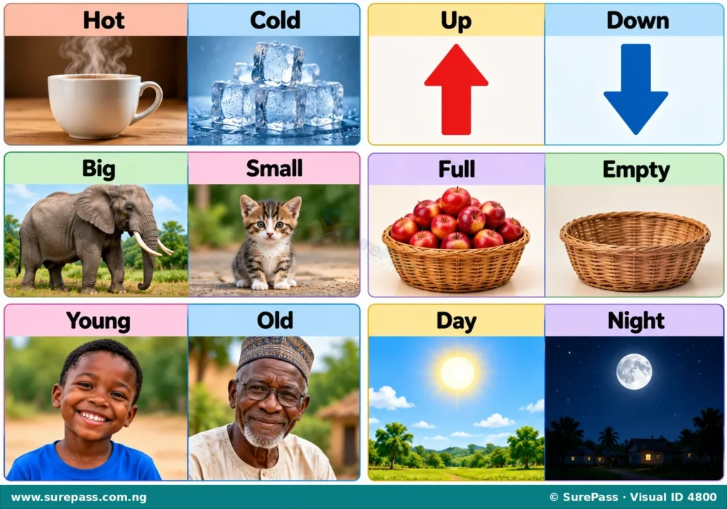 Illustration showing pairs of antonyms like 'hot' and 'cold' with corresponding images, and 'up' and 'down' with corresponding images.