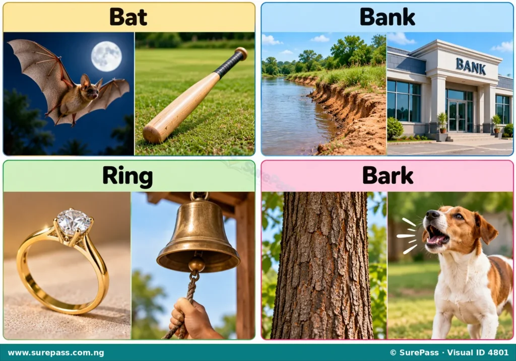 Illustration showing homonyms like 'bat' (animal and sports equipment) and 'bank' (river bank and money institution).