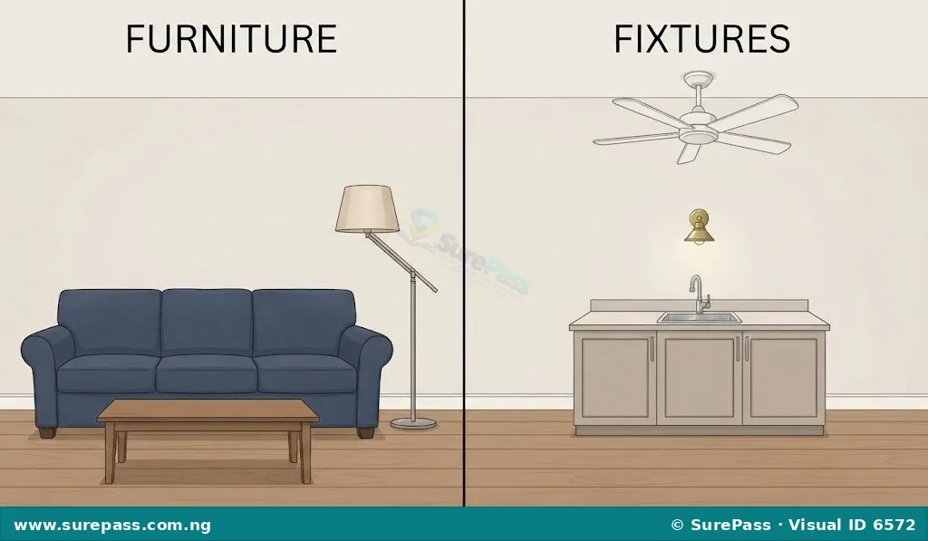 A split image. On the left, a sofa, coffee table, and movable lamp represent furniture. On the right, a built-in kitchen cabinet with a sink, a ceiling fan, and a wall light represent fixtures.