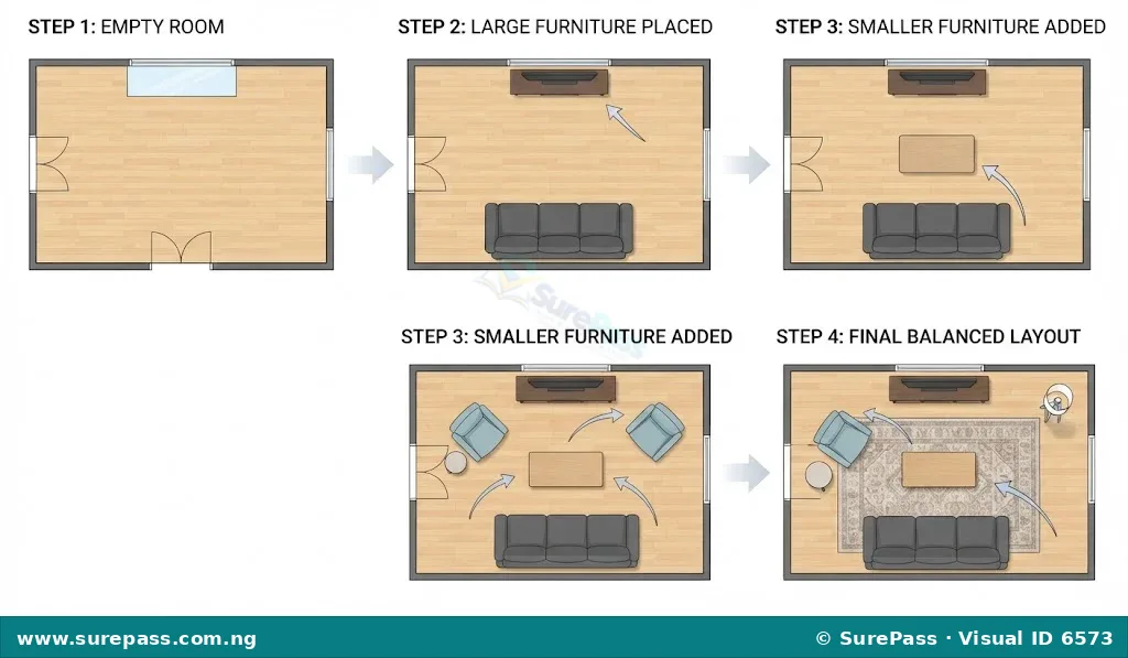 A four-panel diagram illustrating furniture arrangement. Panel 1 shows an empty room. Panel 2 shows large furniture placed. Panel 3 shows smaller furniture added. Panel 4 shows the final, balanced arrangement.