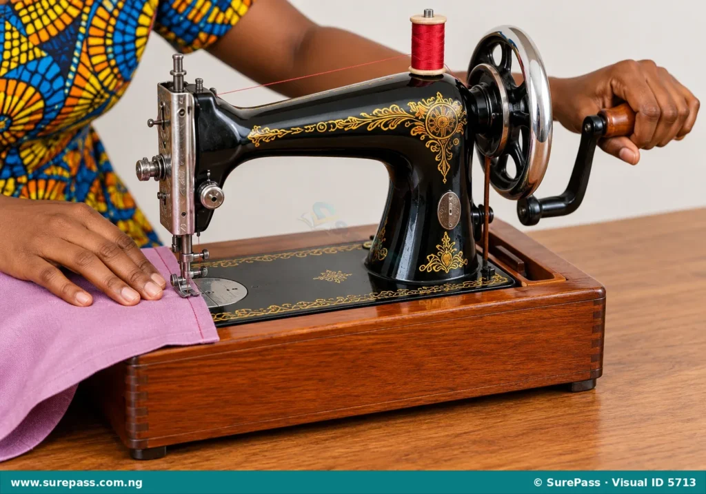 A classic manual hand sewing machine with a wooden base and a hand crank on the right side.