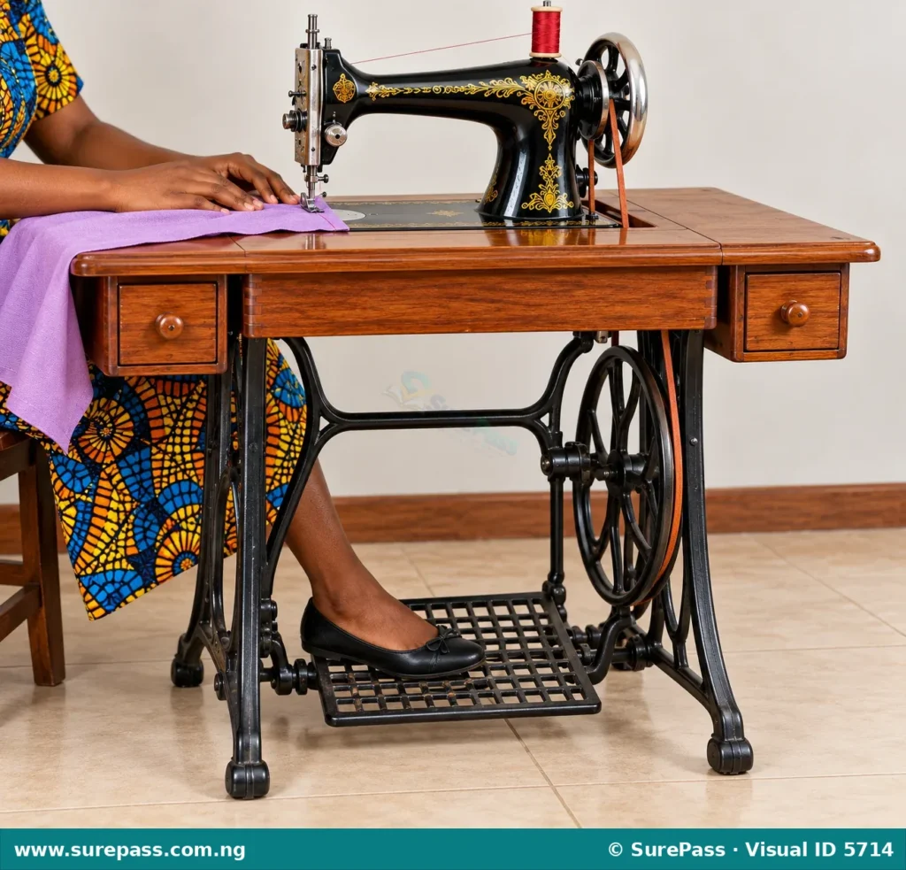 A treadle sewing machine mounted on a wooden stand with a cast-iron frame and a foot pedal at the bottom.