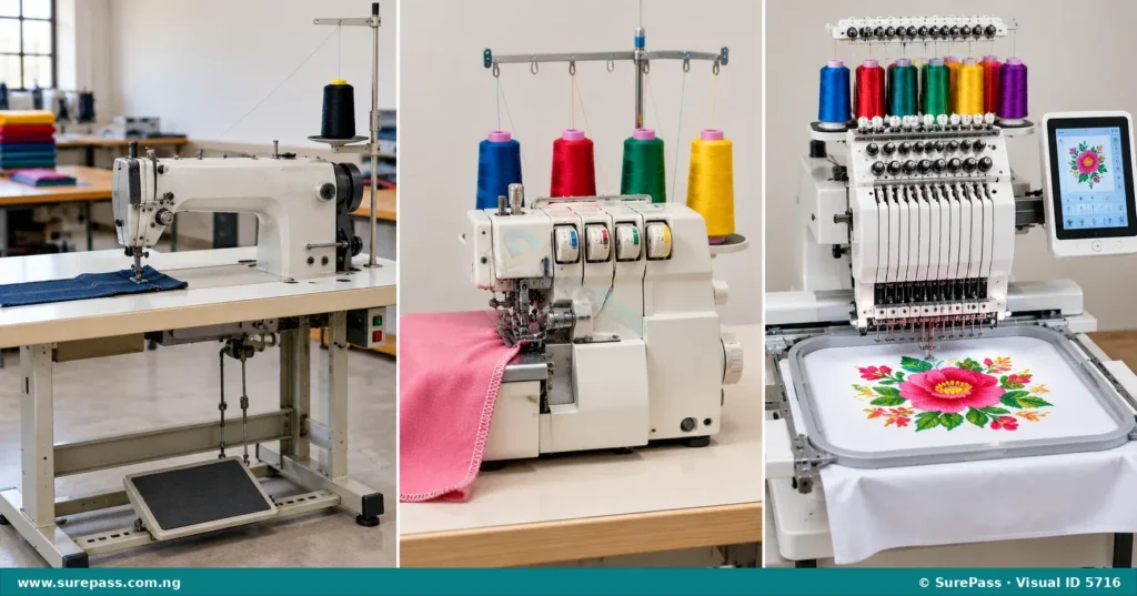 A comparison of three specialized sewing machines: an industrial machine, an interlocking machine, and an embroidery machine.