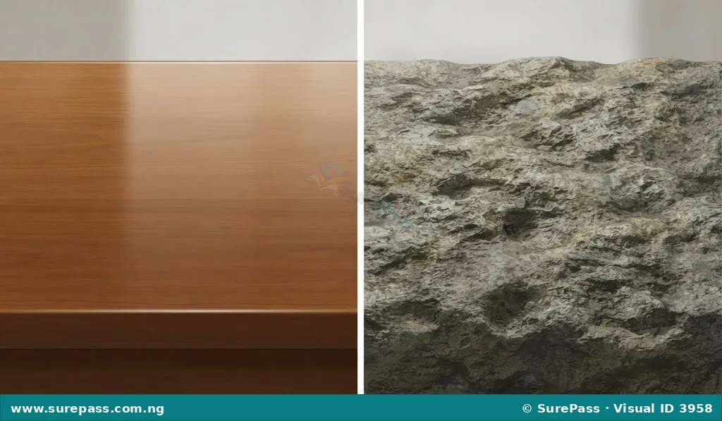 A smooth wooden surface next to a rough stone surface.