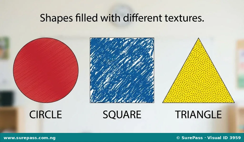 A circle with smooth texture, a square with rough texture, and a triangle with dotted texture.