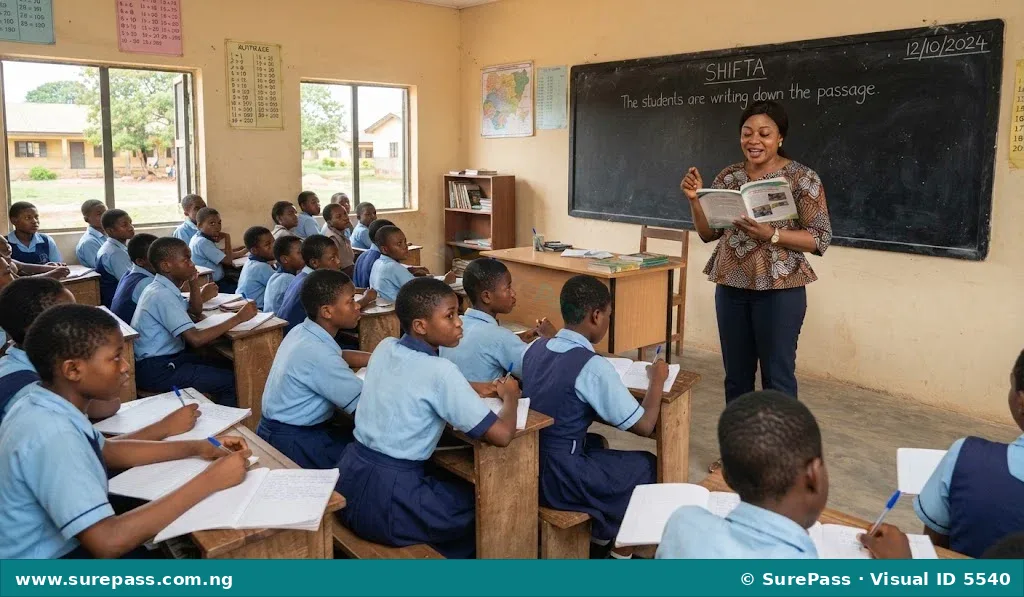 A teacher dictating a passage to JSS1 students in a classroom.