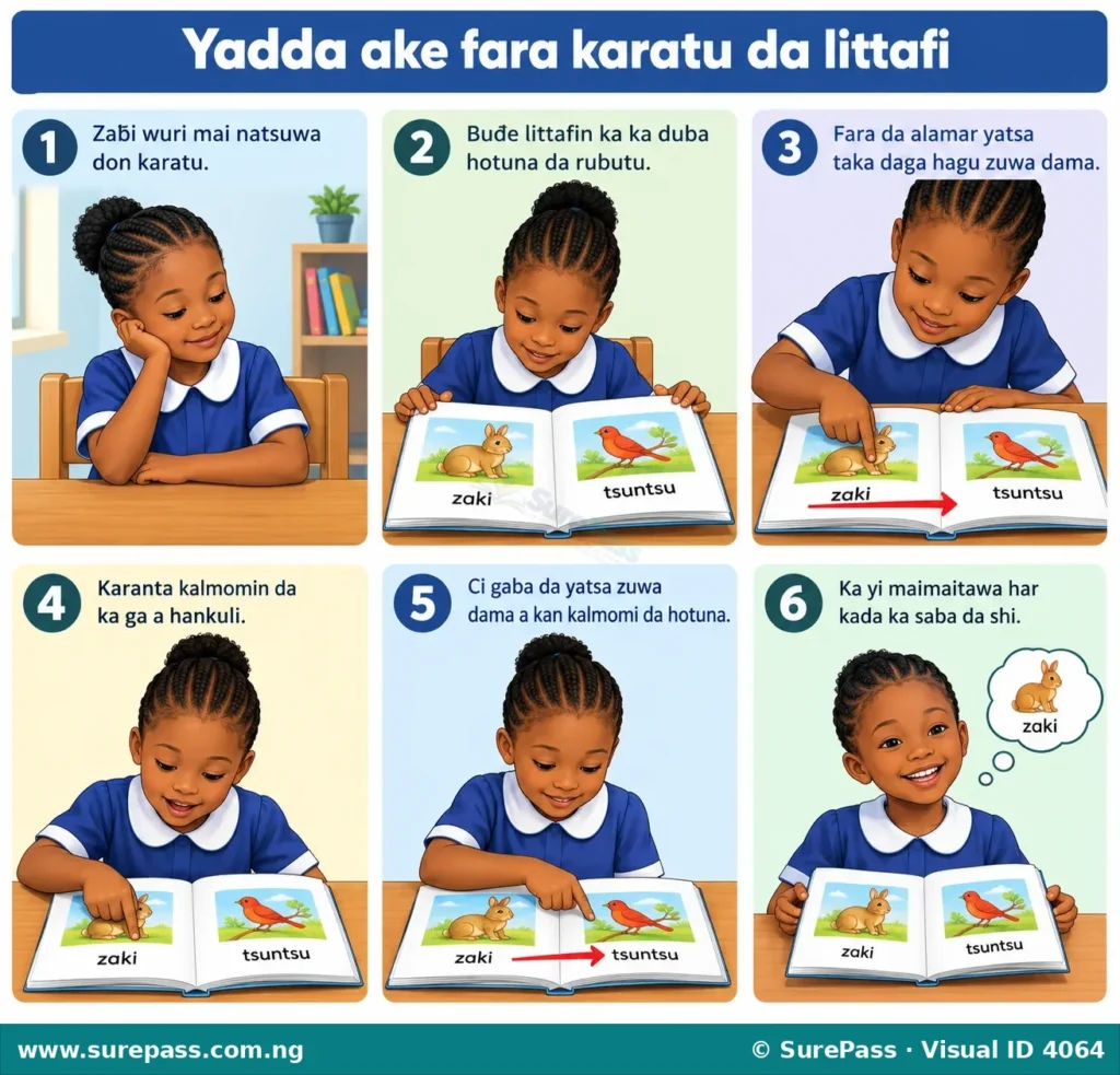 A child pointing at words and pictures in a book, moving their finger from left to right.