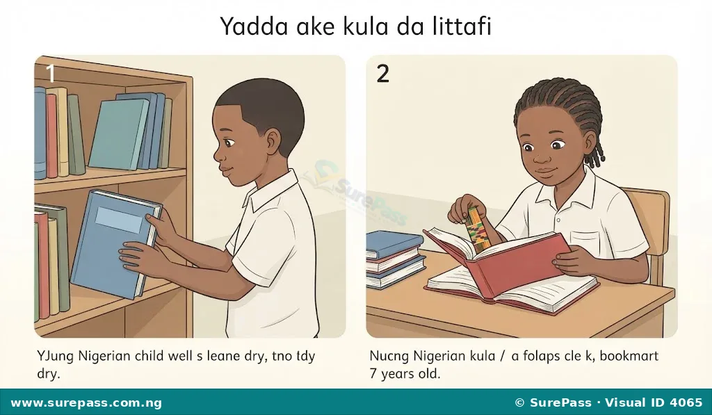 A child putting a book on a shelf and another child using a bookmark.