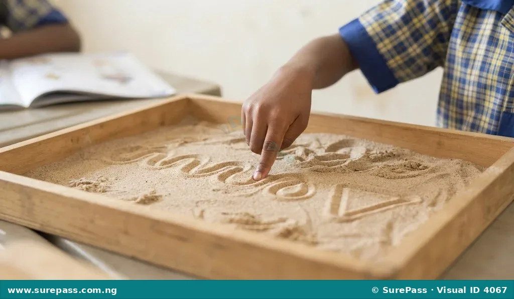 A child drawing lines and shapes in a tray of sand with their finger.