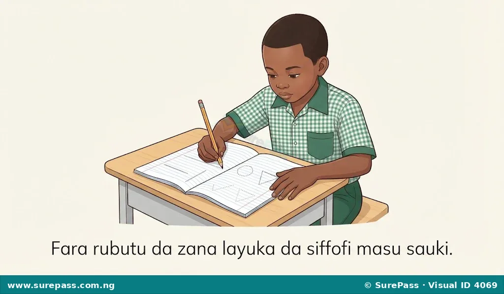 A child tracing simple shapes in a notebook with a pencil.
