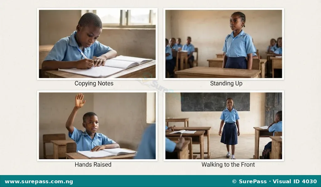 Children performing school commands like copying notes, standing up, raising hands, and coming to the front.