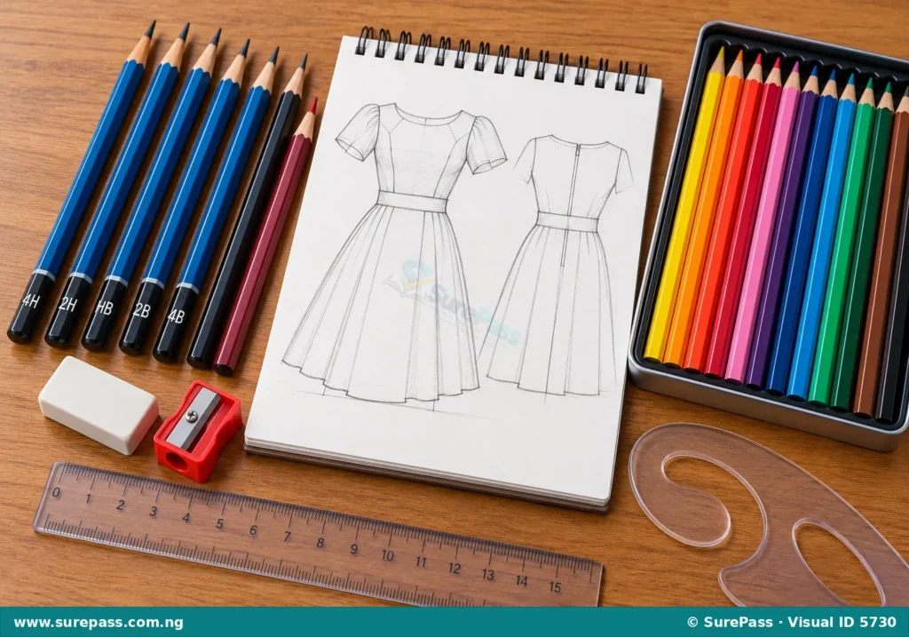 A collection of garment sketching tools including pencils, an eraser, a sharpener, a sketchpad, and colour pencils.