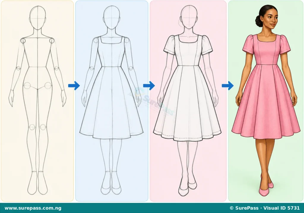 A four-panel sequence demonstrating how to sketch a simple dress, from a basic body outline to a finished coloured sketch.