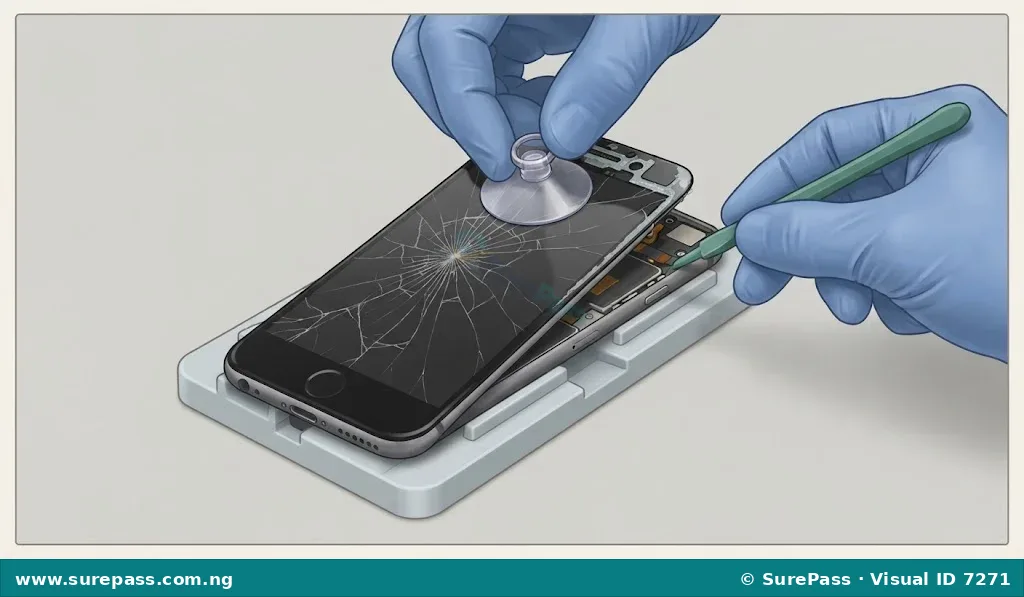 Technician lifting a cracked mobile phone screen using a suction cup and plastic pry tool.