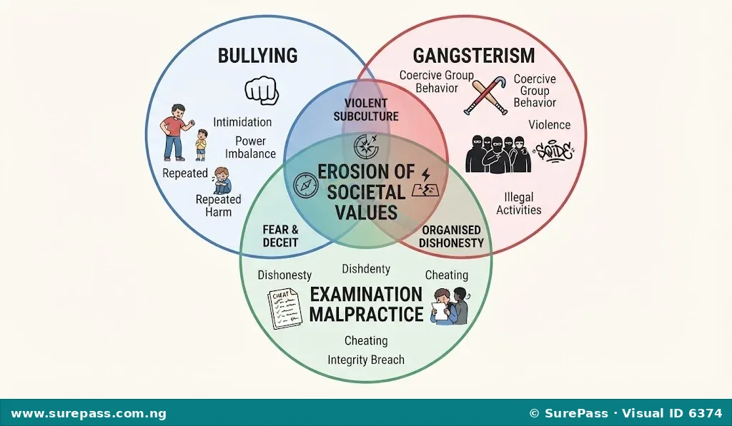 A Venn diagram showing the three forms of social vices: Bullying, Gangsterism, and Examination Malpractice, intersecting at the core of societal decay.