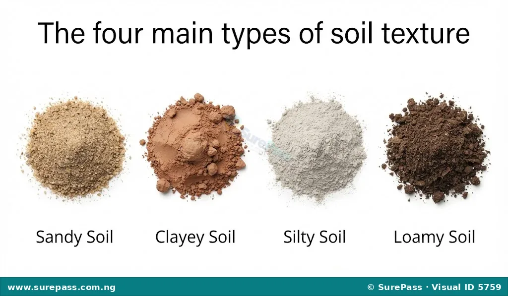 Four distinct piles of soil, labelled sandy, clayey, silty, and loamy, showing their characteristic appearances.