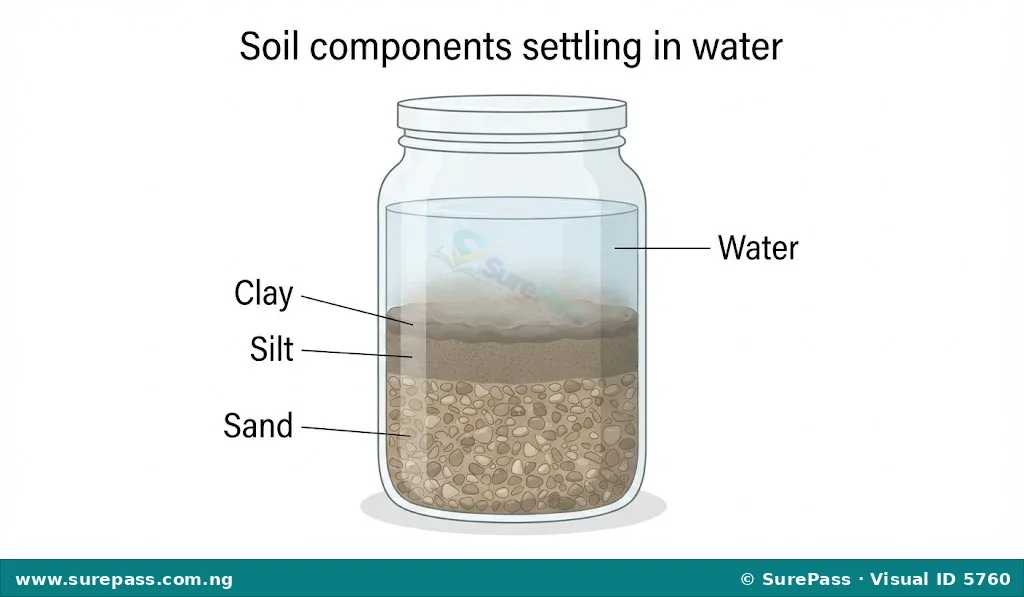 Diagram of a jar with settled soil layers, showing sand at the bottom, silt in the middle, and clay at the top, with water above.